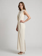 Ivory Stretch Knit Scoop Neck Back Zip Floor-Length Pleated Bridesmaid Dress - Curvevia