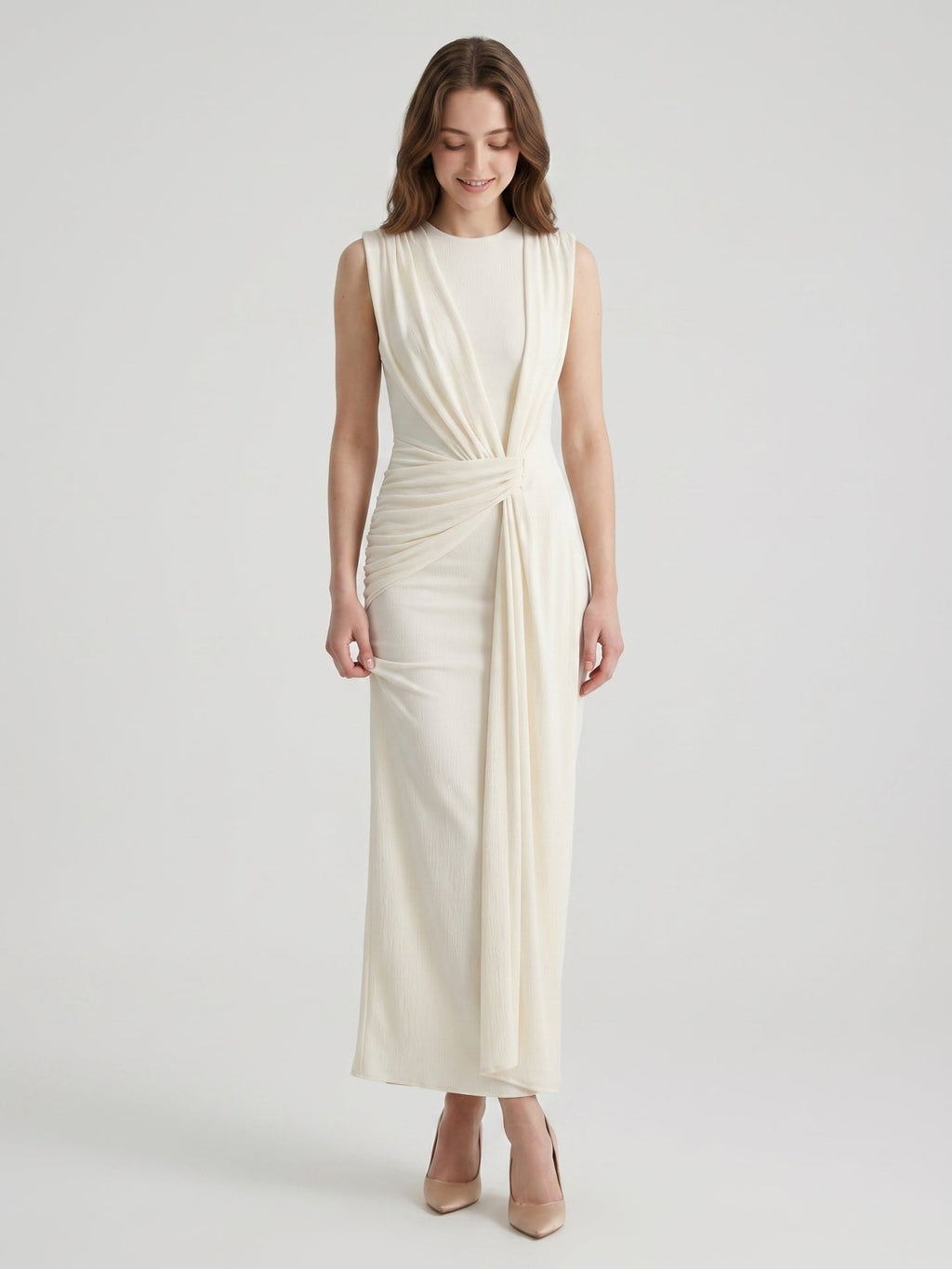 Ivory Stretch Knit Scoop Neck Back Zip Floor-Length Pleated Bridesmaid Dress - Curvevia