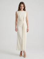 Ivory Stretch Knit Scoop Neck Back Zip Floor-Length Pleated Bridesmaid Dress - Curvevia
