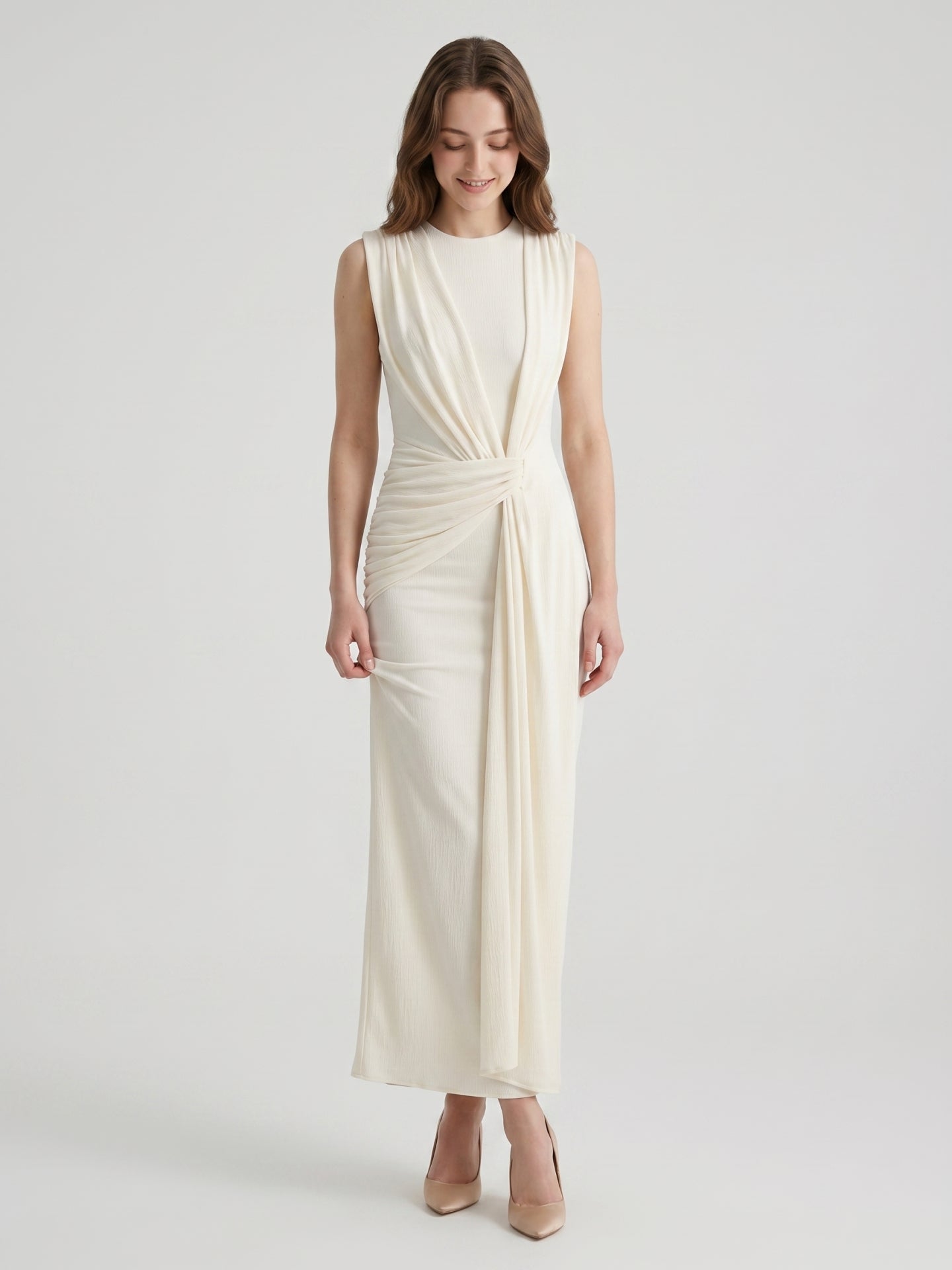 Ivory Stretch Knit Scoop Neck Back Zip Floor-Length Pleated Bridesmaid Dress - Curvevia