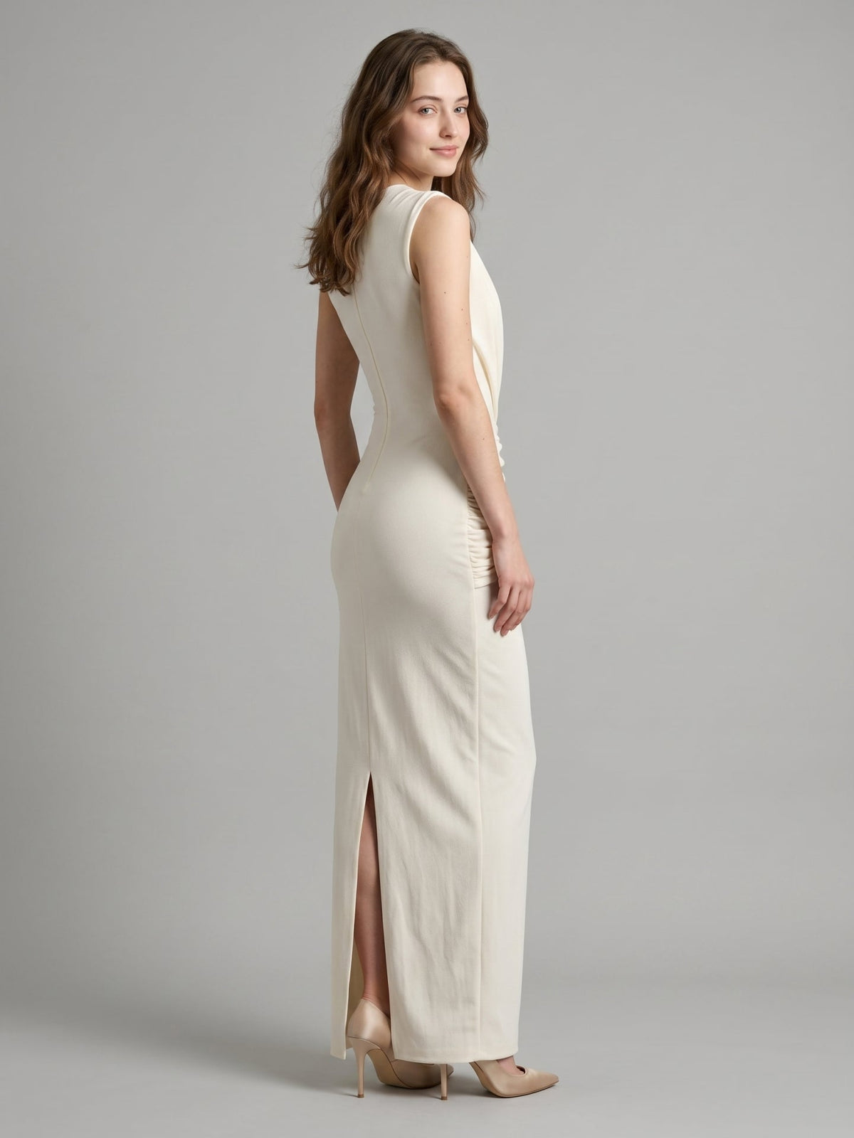 Ivory Stretch Knit Scoop Neck Back Zip Floor-Length Pleated Bridesmaid Dress - Curvevia