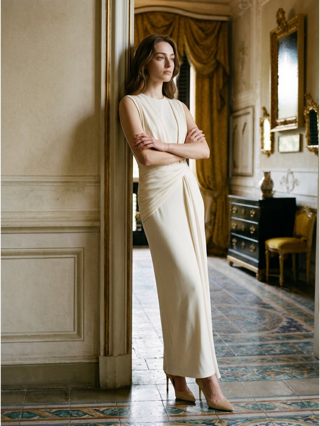 Ivory Stretch Knit Scoop Neck Back Zip Floor-Length Pleated Bridesmaid Dress - Curvevia