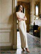 Ivory Stretch Knit Scoop Neck Back Zip Floor-Length Pleated Bridesmaid Dress - Curvevia