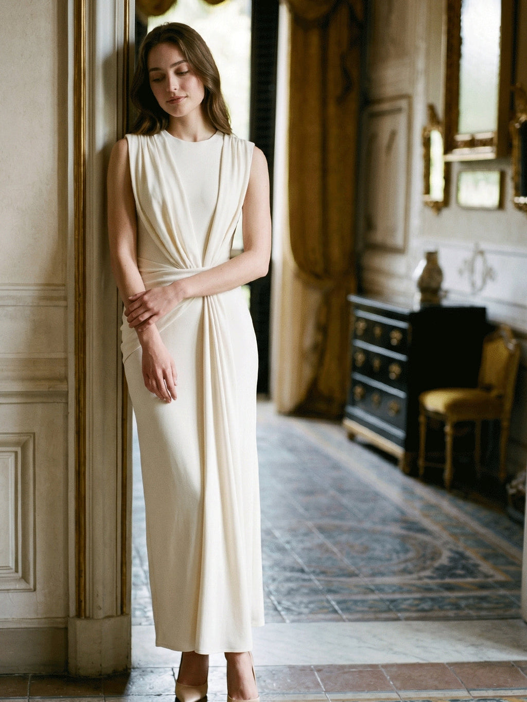 Ivory Stretch Knit Scoop Neck Back Zip Floor-Length Pleated Bridesmaid Dress - Curvevia