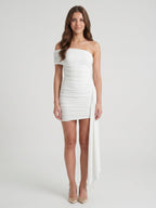 Ivory Stretch Knit Sheath One Shoulder Backless Knee-Length Pleated Bridesmaid Dress - Curvevia