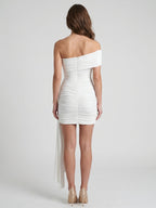 Ivory Stretch Knit Sheath One Shoulder Backless Knee-Length Pleated Bridesmaid Dress - Curvevia
