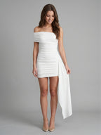 Ivory Stretch Knit Sheath One Shoulder Backless Knee-Length Pleated Bridesmaid Dress - Curvevia