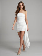 Ivory Stretch Knit Sheath One Shoulder Backless Knee-Length Pleated Bridesmaid Dress - Curvevia