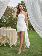 Ivory Stretch Knit Sheath One Shoulder Backless Knee-Length Pleated Bridesmaid Dress - Curvevia
