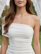 Ivory Stretch Knit Sheath One Shoulder Backless Knee-Length Pleated Bridesmaid Dress - Curvevia
