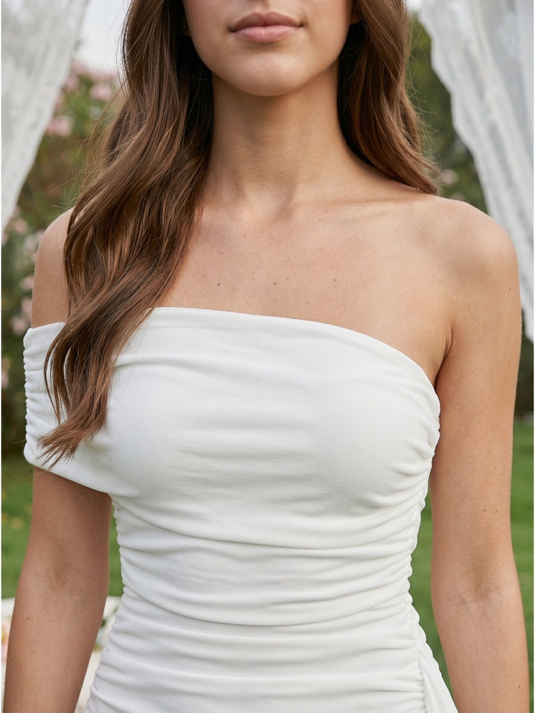 Ivory Stretch Knit Sheath One Shoulder Backless Knee-Length Pleated Bridesmaid Dress - Curvevia