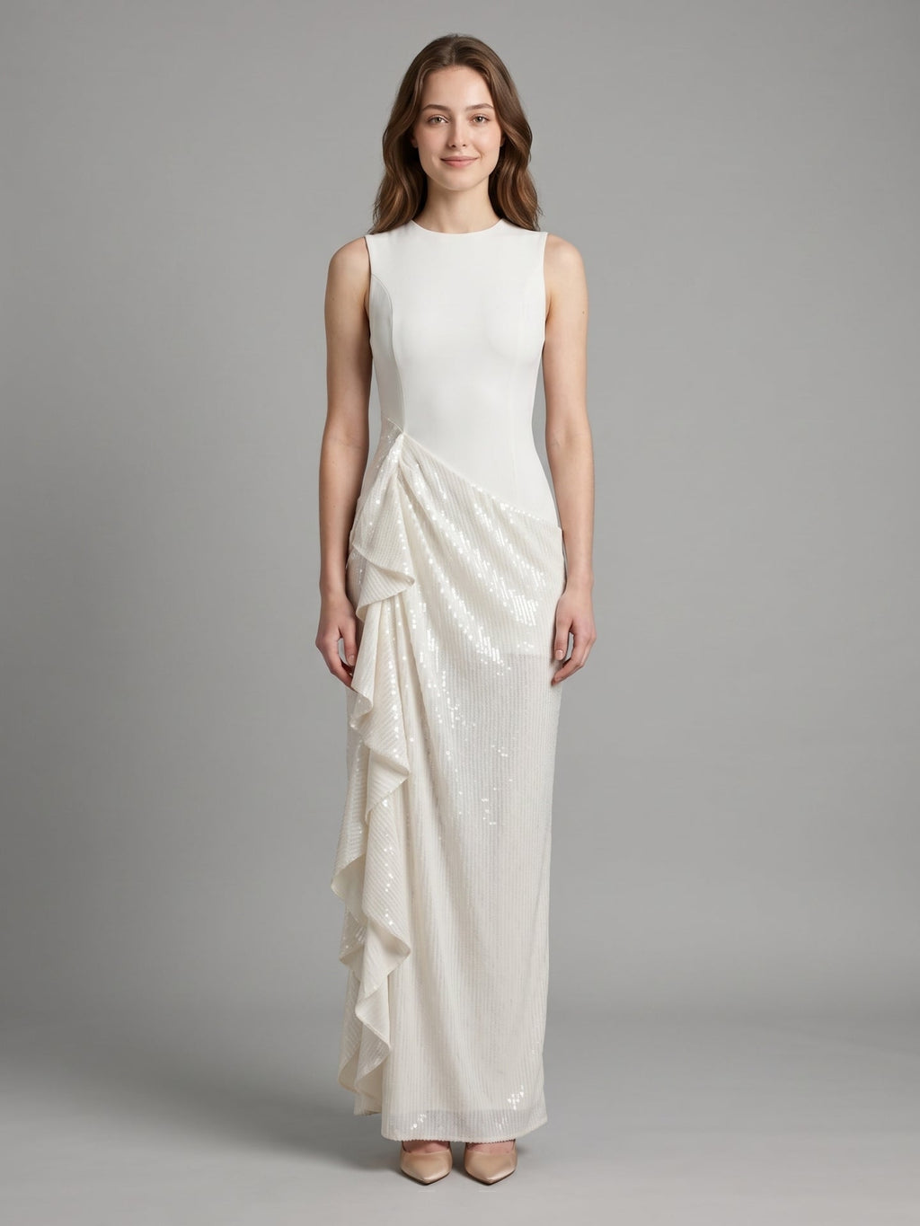 Ivory Stretch Knit Sheath Scoop Neck Back Zip Floor-Length Pleated Bridesmaid Dress - Curvevia