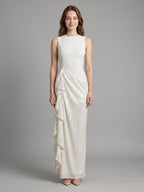 Ivory Stretch Knit Sheath Scoop Neck Back Zip Floor-Length Pleated Bridesmaid Dress - Curvevia