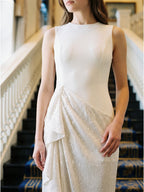 Ivory Stretch Knit Sheath Scoop Neck Back Zip Floor-Length Pleated Bridesmaid Dress - Curvevia