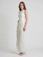 Ivory Stretch Knit Sheath Scoop Neck Back Zip Floor-Length Pleated Bridesmaid Dress - Curvevia