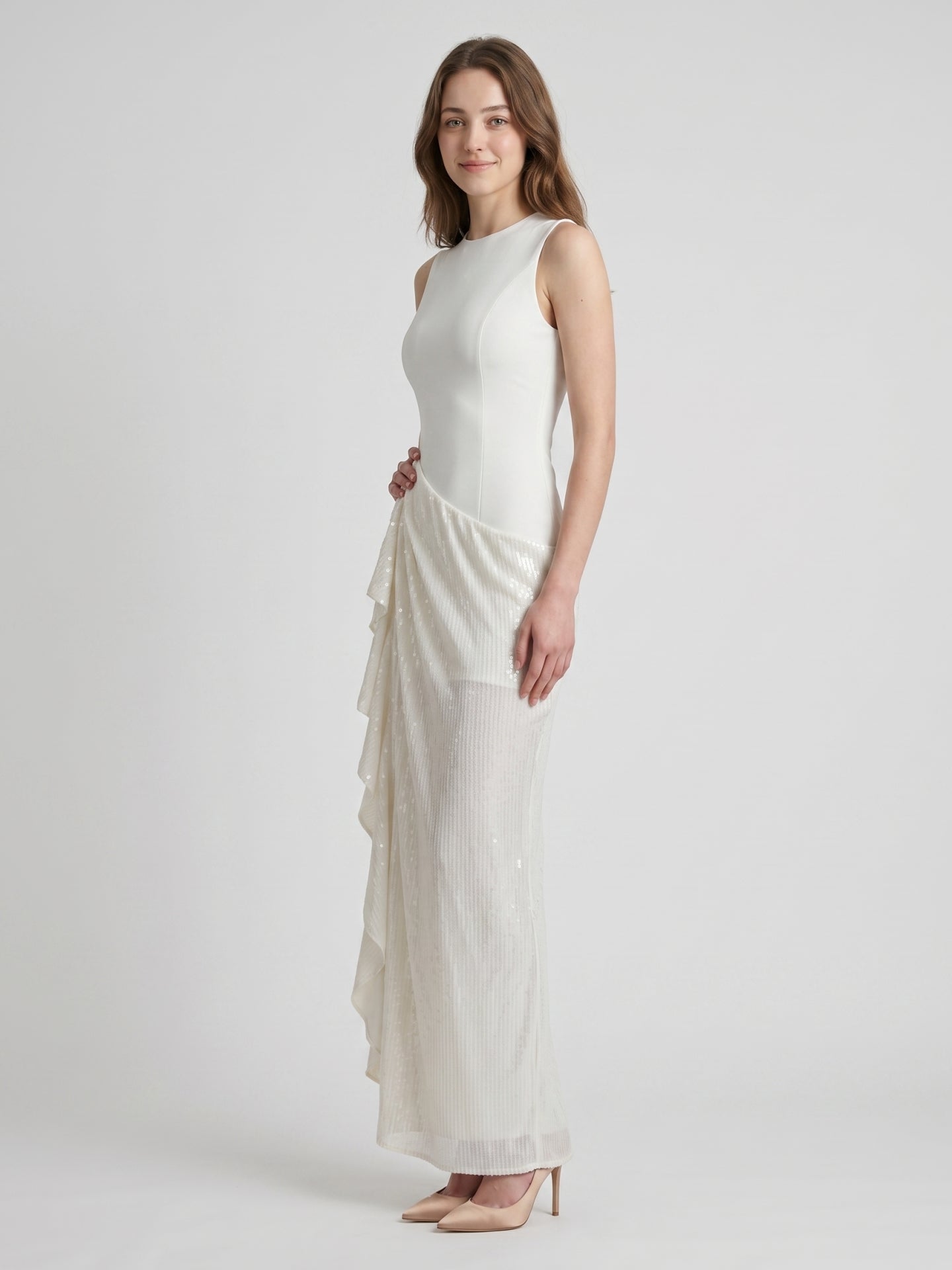 Ivory Stretch Knit Sheath Scoop Neck Back Zip Floor-Length Pleated Bridesmaid Dress - Curvevia