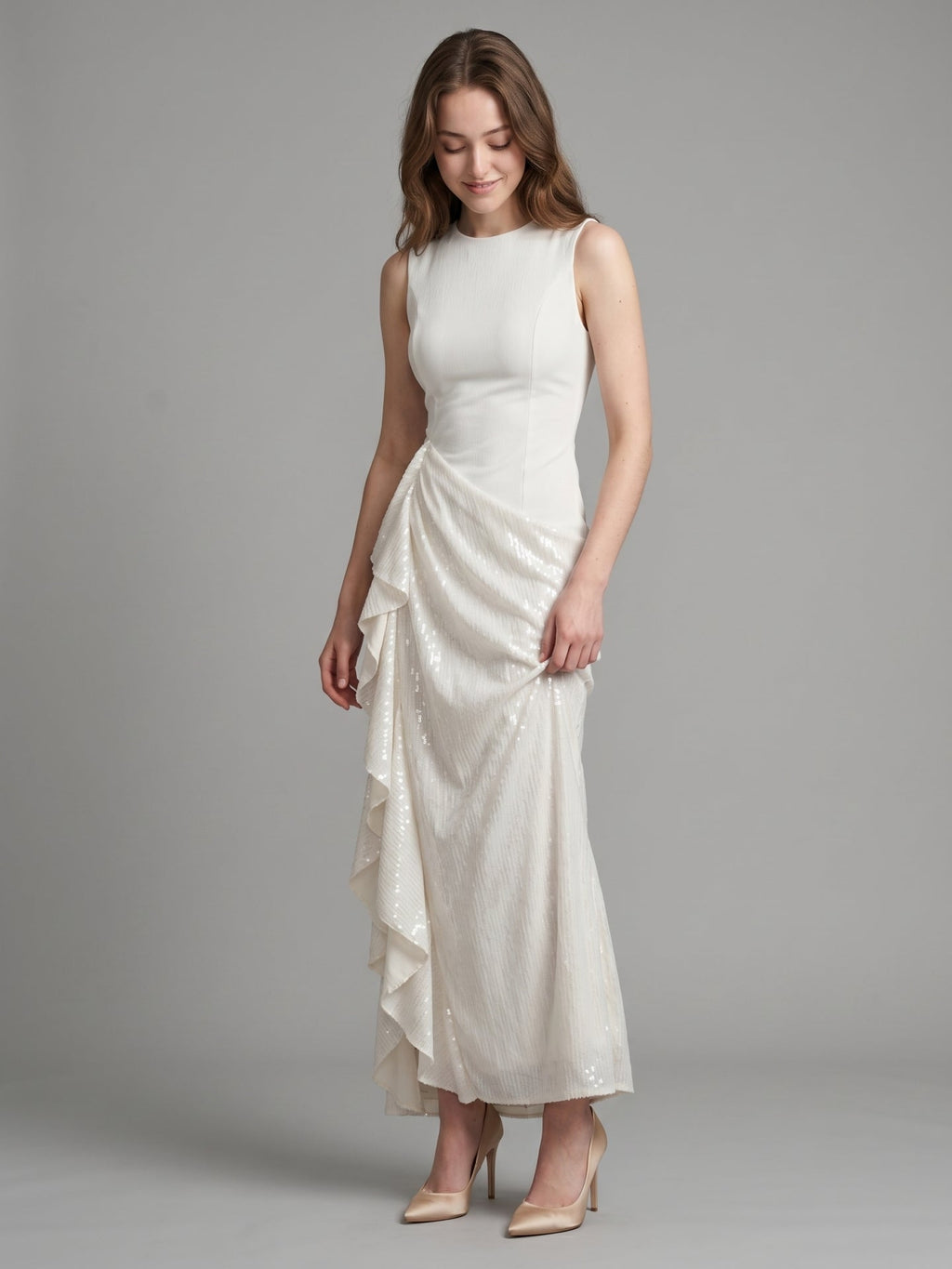 Ivory Stretch Knit Sheath Scoop Neck Back Zip Floor-Length Pleated Bridesmaid Dress - Curvevia