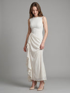 Ivory Stretch Knit Sheath Scoop Neck Back Zip Floor-Length Pleated Bridesmaid Dress - Curvevia