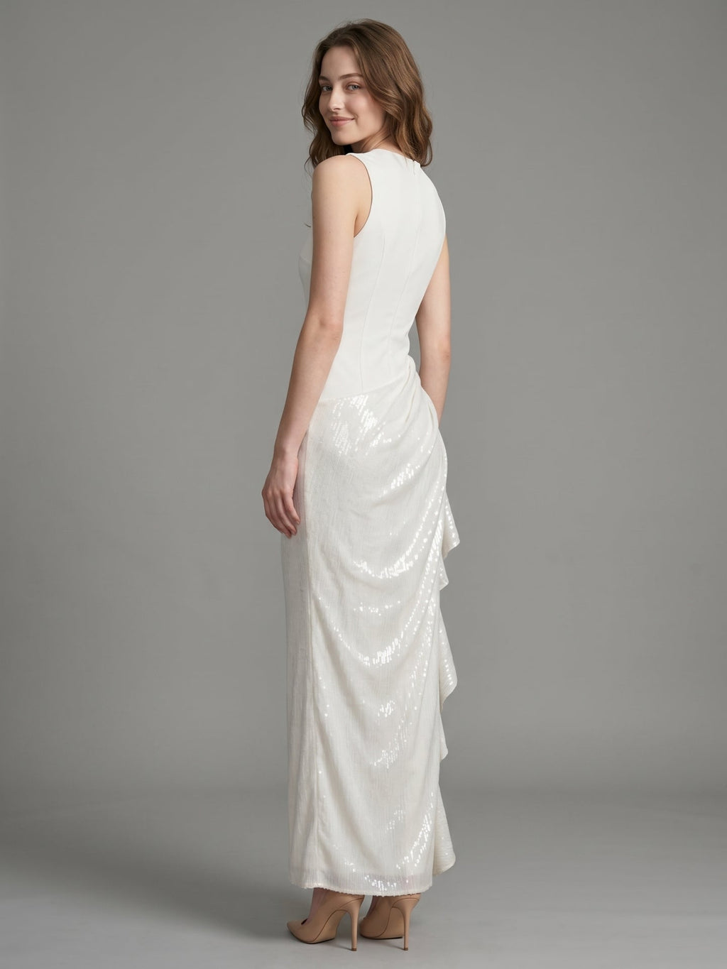 Ivory Stretch Knit Sheath Scoop Neck Back Zip Floor-Length Pleated Bridesmaid Dress - Curvevia