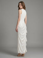 Ivory Stretch Knit Sheath Scoop Neck Back Zip Floor-Length Pleated Bridesmaid Dress - Curvevia