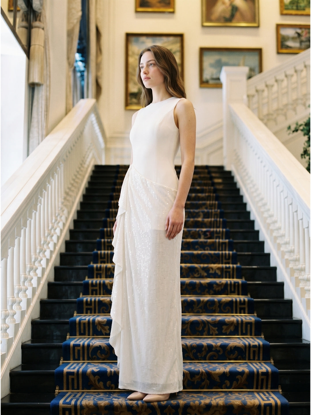 Ivory Stretch Knit Sheath Scoop Neck Back Zip Floor-Length Pleated Bridesmaid Dress - Curvevia