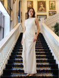 Ivory Stretch Knit Sheath Scoop Neck Back Zip Floor-Length Pleated Bridesmaid Dress - Curvevia