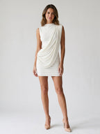 Ivory Stretch Knit Sheath Scoop Neck Backless Short Dress with Pleating - Curvevia