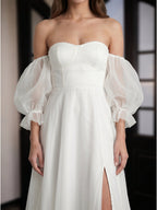 Ivory Tulle A-Line Off-the-Shoulder Backless Floor-Length Bridesmaid Dress - Curvevia