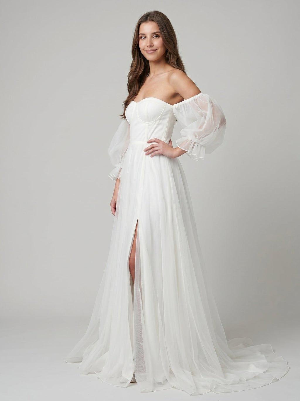 Ivory Tulle A-Line Off-the-Shoulder Backless Floor-Length Bridesmaid Dress - Curvevia