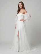 Ivory Tulle A-Line Off-the-Shoulder Backless Floor-Length Bridesmaid Dress - Curvevia