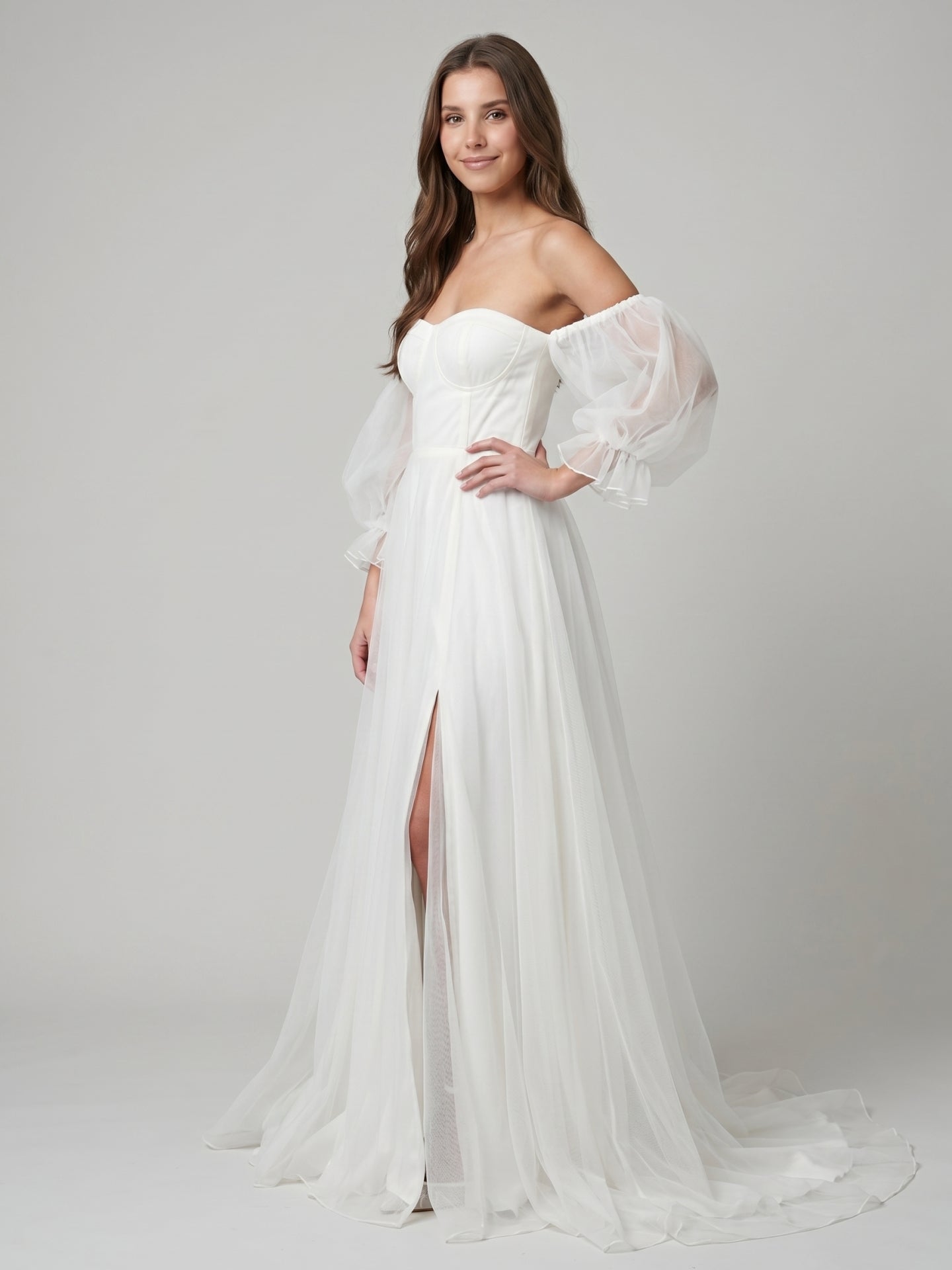 Ivory Tulle A-Line Off-the-Shoulder Backless Floor-Length Bridesmaid Dress - Curvevia