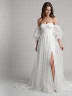 Ivory Tulle A-Line Off-the-Shoulder Backless Floor-Length Bridesmaid Dress - Curvevia