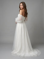 Ivory Tulle A-Line Off-the-Shoulder Backless Floor-Length Bridesmaid Dress - Curvevia
