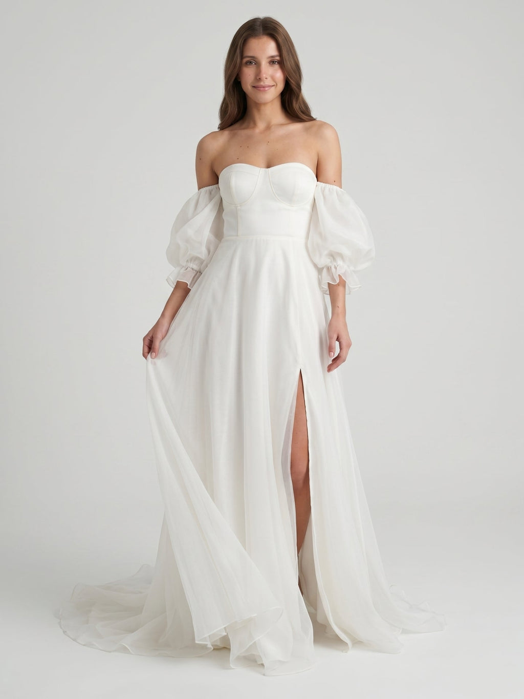 Ivory Tulle A-Line Off-the-Shoulder Backless Floor-Length Bridesmaid Dress - Curvevia
