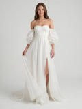 Ivory Tulle A-Line Off-the-Shoulder Backless Floor-Length Bridesmaid Dress - Curvevia