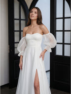 Ivory Tulle A-Line Off-the-Shoulder Backless Floor-Length Bridesmaid Dress - Curvevia