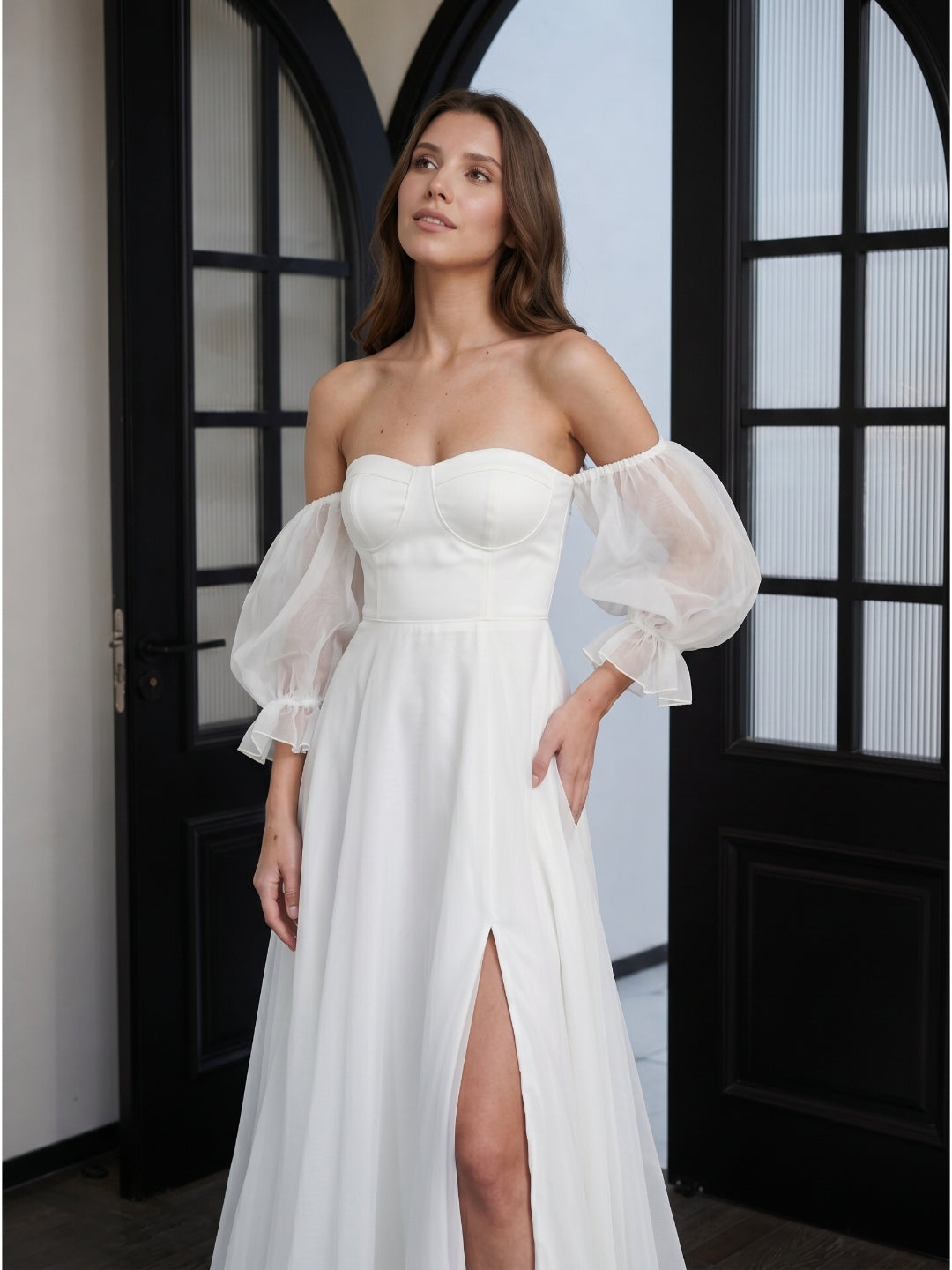 Ivory Tulle A-Line Off-the-Shoulder Backless Floor-Length Bridesmaid Dress - Curvevia
