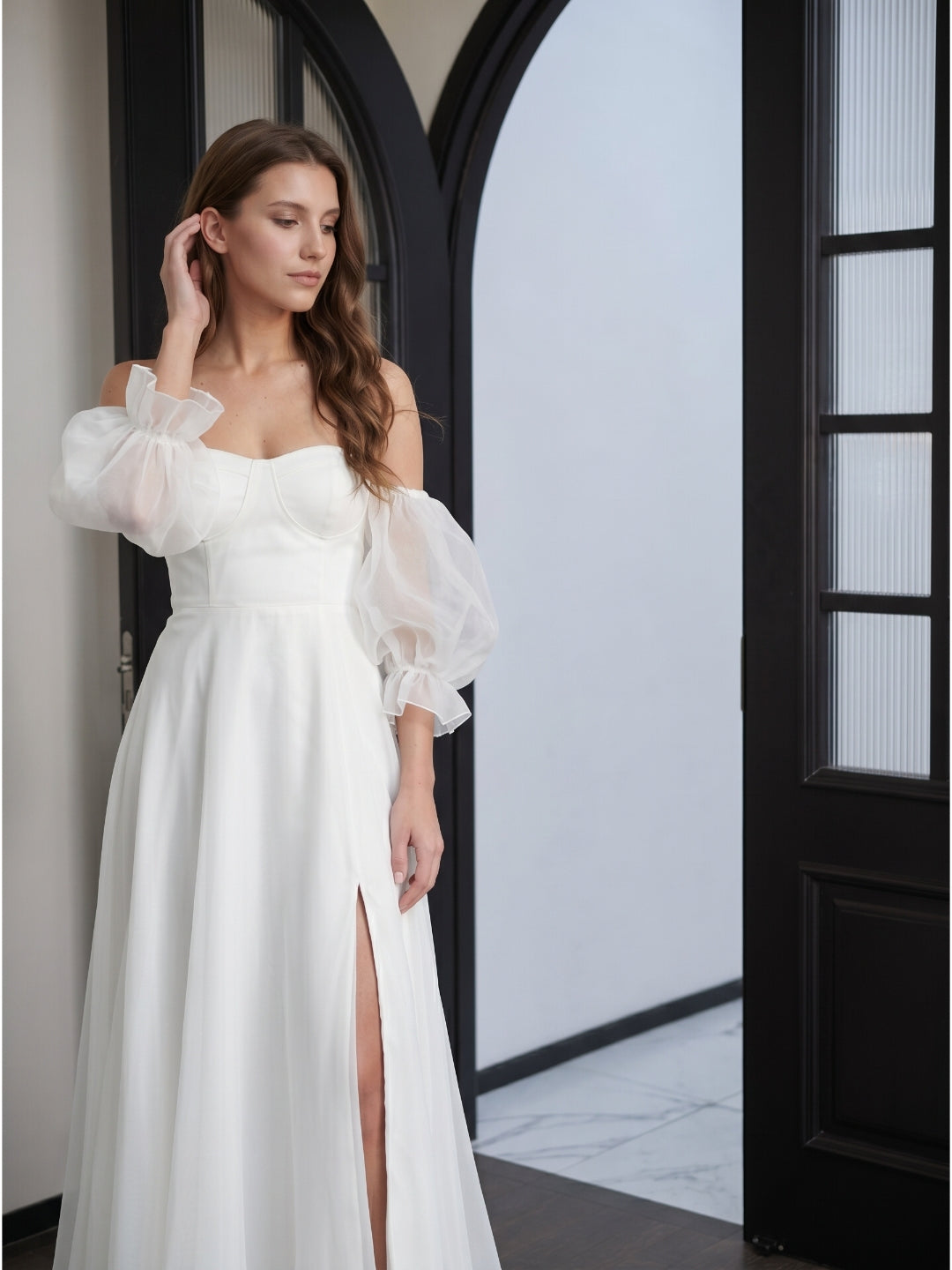 Ivory Tulle A-Line Off-the-Shoulder Backless Floor-Length Bridesmaid Dress - Curvevia