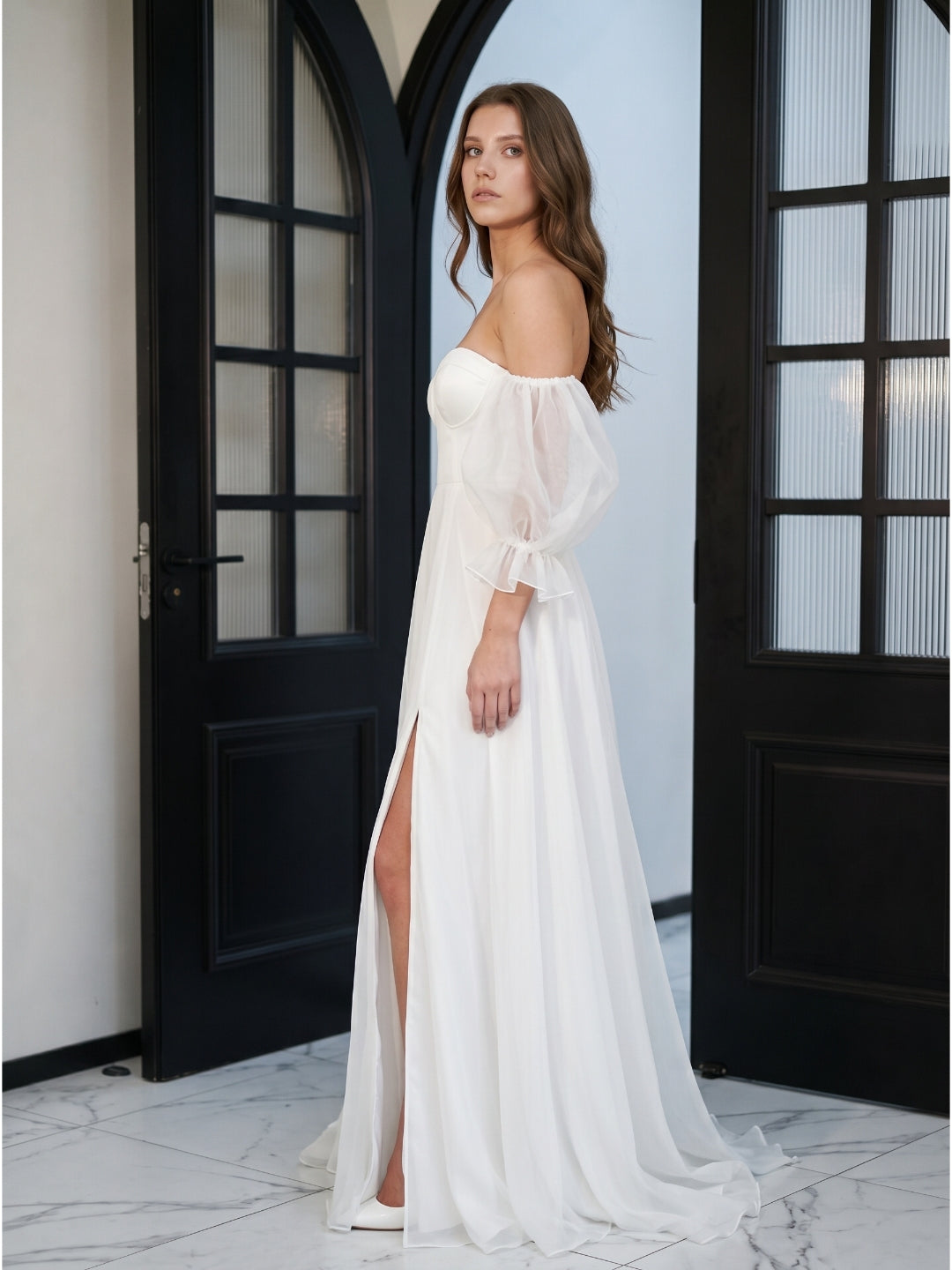 Ivory Tulle A-Line Off-the-Shoulder Backless Floor-Length Bridesmaid Dress - Curvevia