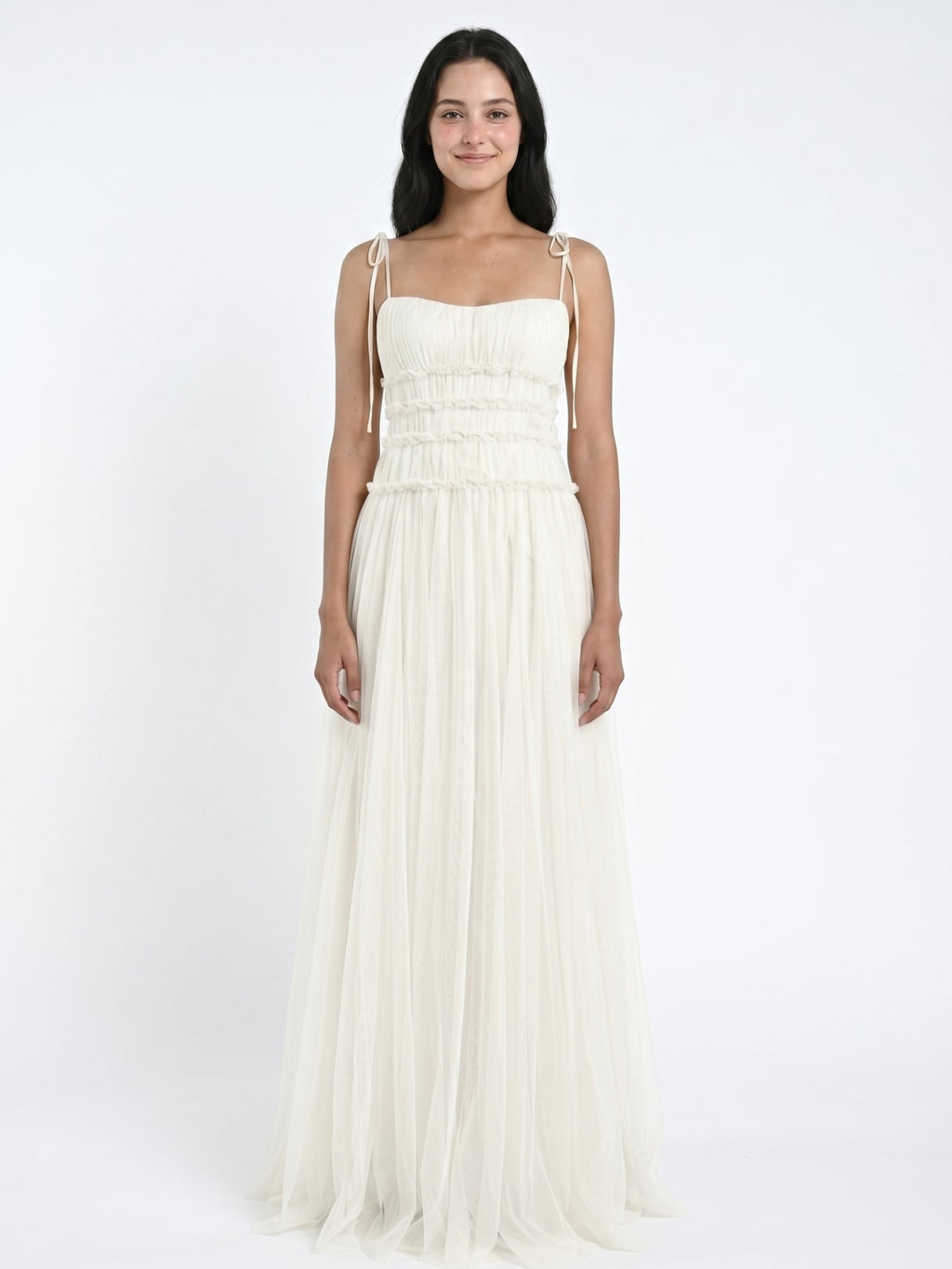 Ivory Tulle A-Line Square Neck Backless Floor-Length Bridesmaid Dress with Pleated Touch - Curvevia