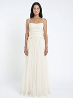 Ivory Tulle A-Line Square Neck Backless Floor-Length Bridesmaid Dress with Pleated Touch - Curvevia