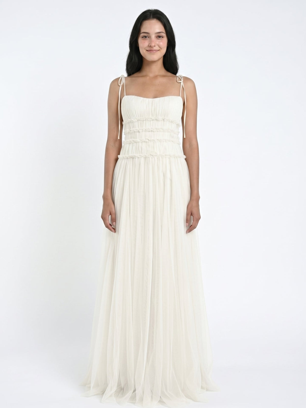 Ivory Tulle A-Line Square Neck Backless Floor-Length Bridesmaid Dress with Pleated Touch - Curvevia