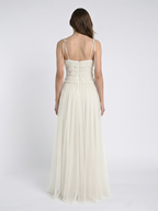 Ivory Tulle A-Line Square Neck Backless Floor-Length Bridesmaid Dress with Pleated Touch - Curvevia