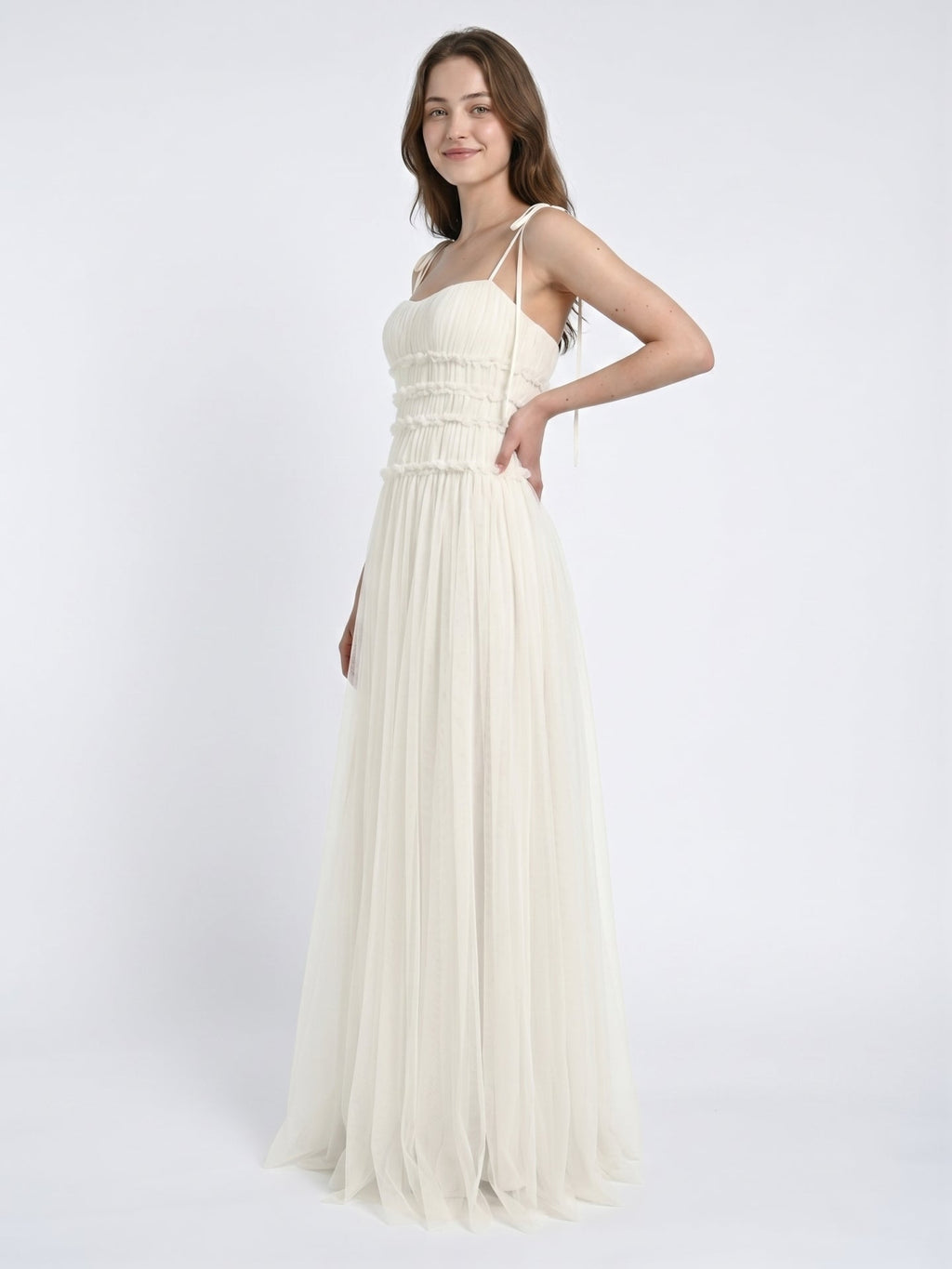 Ivory Tulle A-Line Square Neck Backless Floor-Length Bridesmaid Dress with Pleated Touch - Curvevia