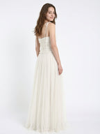Ivory Tulle A-Line Square Neck Backless Floor-Length Bridesmaid Dress with Pleated Touch - Curvevia