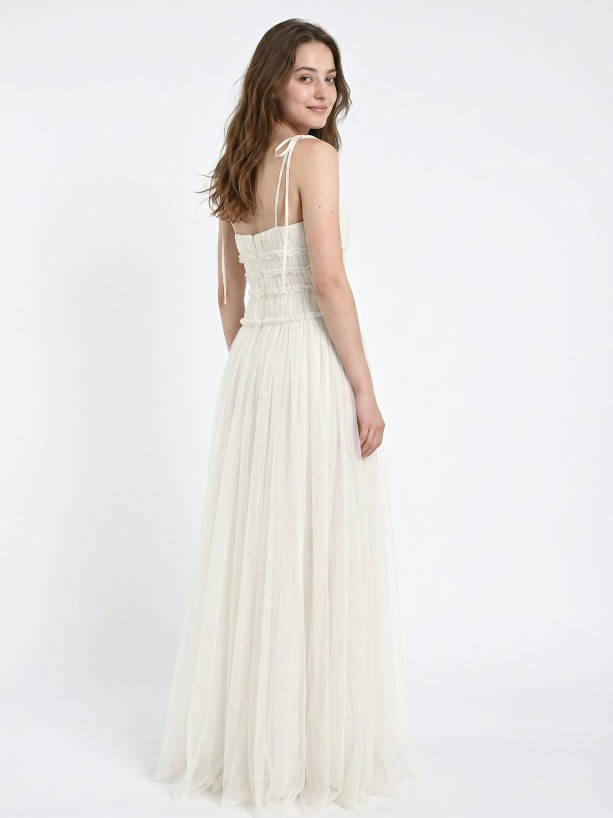 Ivory Tulle A-Line Square Neck Backless Floor-Length Bridesmaid Dress with Pleated Touch - Curvevia