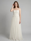 Ivory Tulle A-Line Square Neck Backless Floor-Length Bridesmaid Dress with Pleated Touch - Curvevia