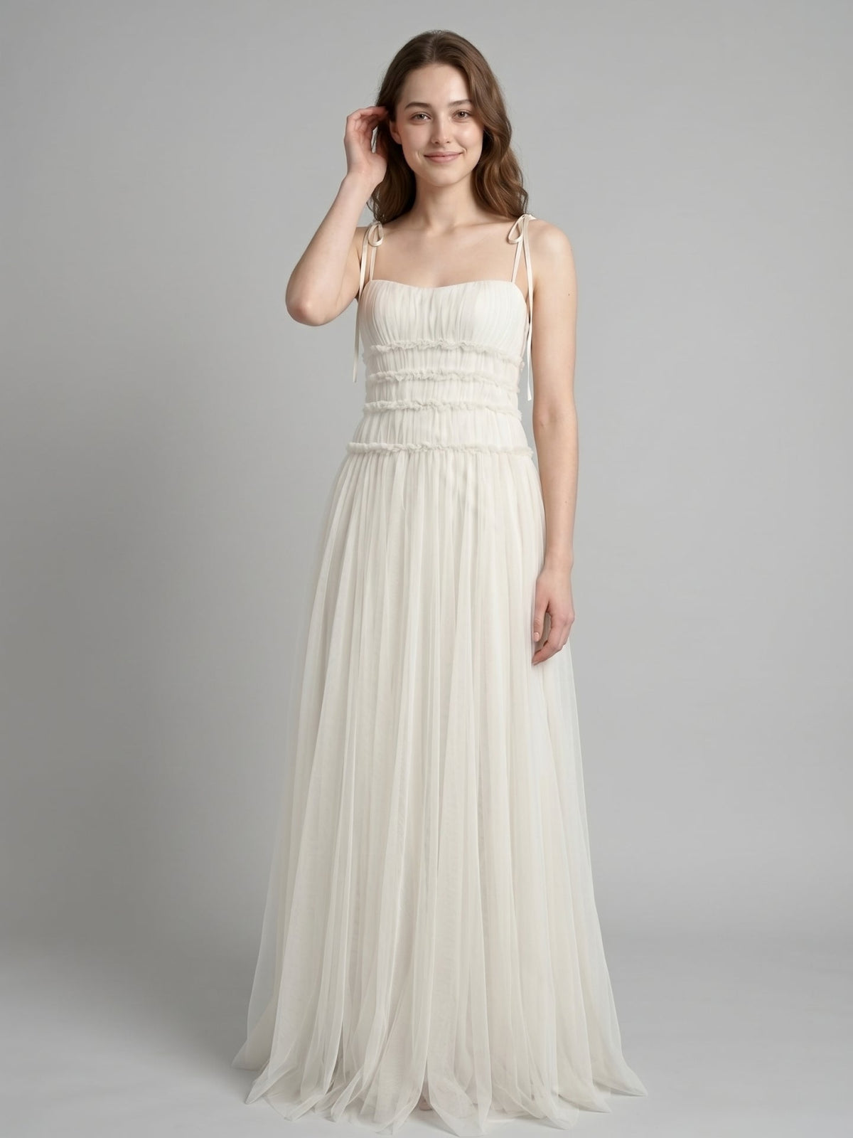 Ivory Tulle A-Line Square Neck Backless Floor-Length Bridesmaid Dress with Pleated Touch - Curvevia