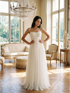 Ivory Tulle A-Line Square Neck Backless Floor-Length Bridesmaid Dress with Pleated Touch - Curvevia
