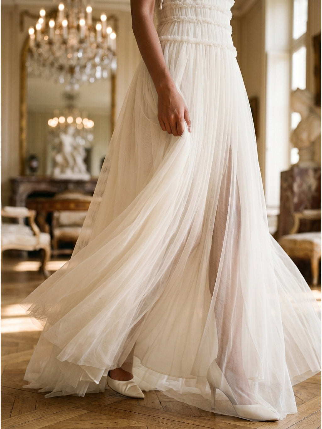 Ivory Tulle A-Line Square Neck Backless Floor-Length Bridesmaid Dress with Pleated Touch - Curvevia